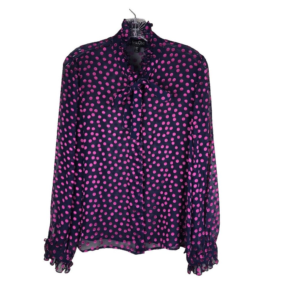 SALONI Silk Blend Polka Dot Ruffle Blouse Navy‎ Pink Lavalliére Bow Sheer Top